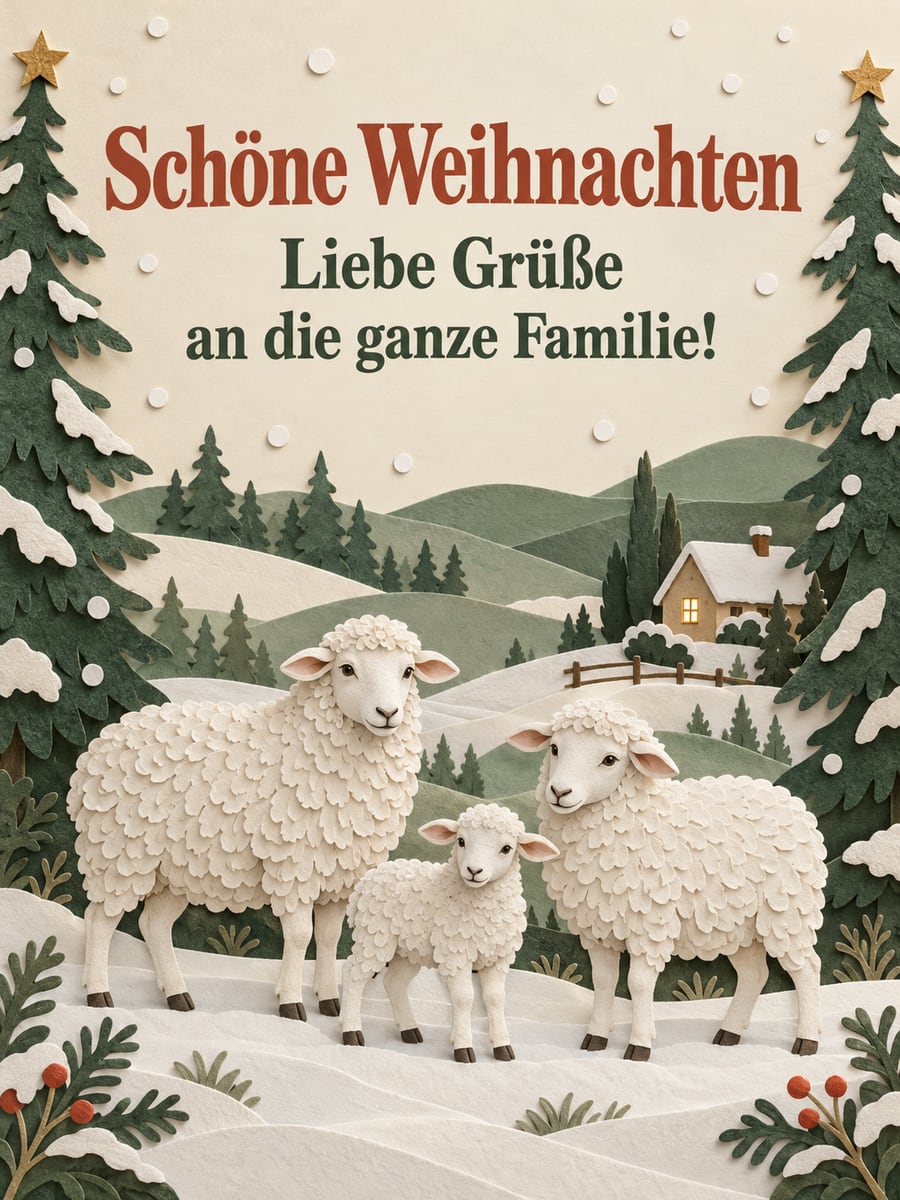 Bild zu Weihnachten mit dem Text „Schöne Weihnachten“ und „Liebe Grüße an die ganze Familie!“ – Motiv: Schafe, Lamm, Scherenschnitt, Bauernhaus, Tannenbaum