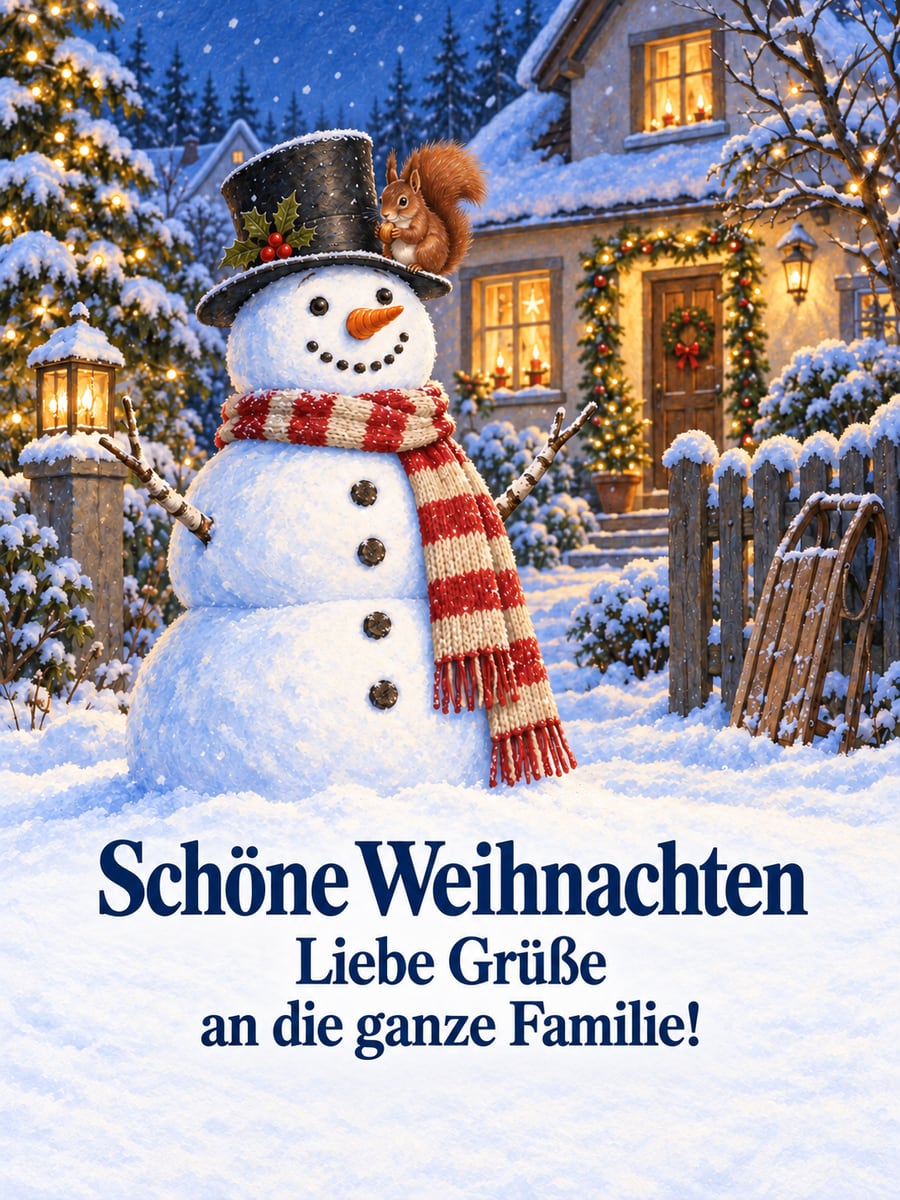 Bild zu Weihnachten mit dem Text „Schöne Weihnachten“ und „Liebe Grüße an die ganze Familie!“ – Motiv: Schneemann, Eichhörnchen, Garten, Schlitten