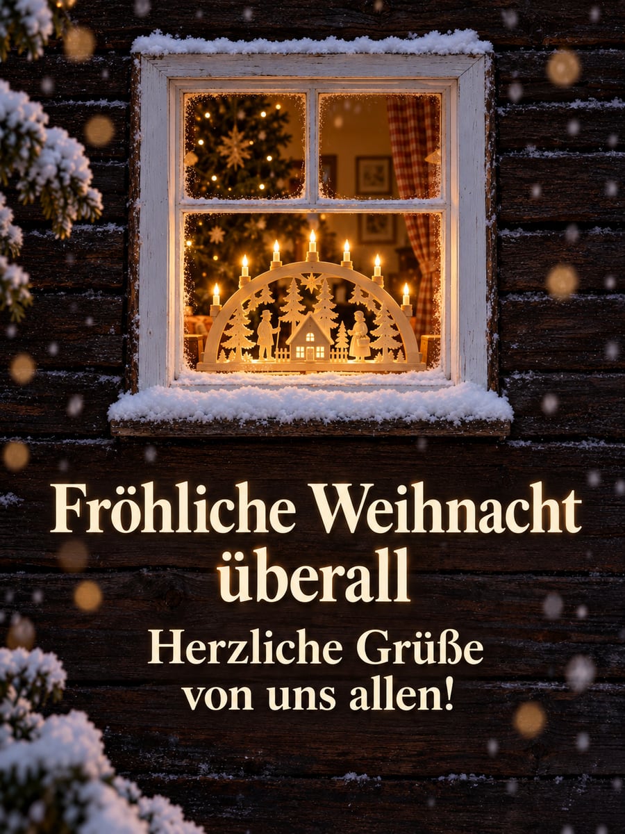Bild zu Weihnachten mit dem Text „Fröhliche Weihnacht überall“ und „Herzliche Grüße von uns allen!“ – Motiv: Schwibbogen, Erzgebirge, Fenster, Schnee
