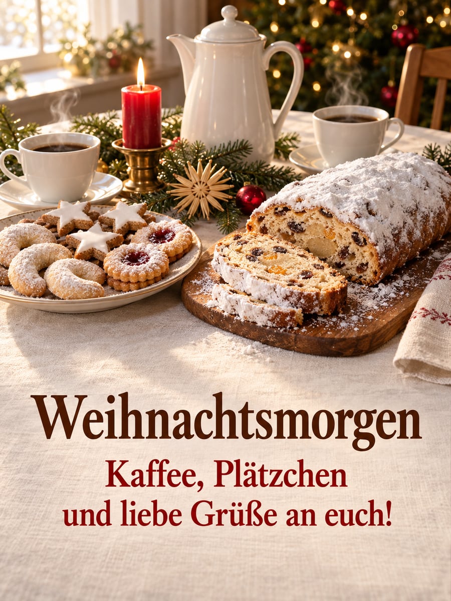Bild zu Weihnachten mit dem Text „Weihnachtsmorgen“ und „Kaffee, Plätzchen und liebe Grüße an euch!“ – Motiv: Stollen, Kaffee, Plätzchen, Frühstück, Weihnachtsmorgen