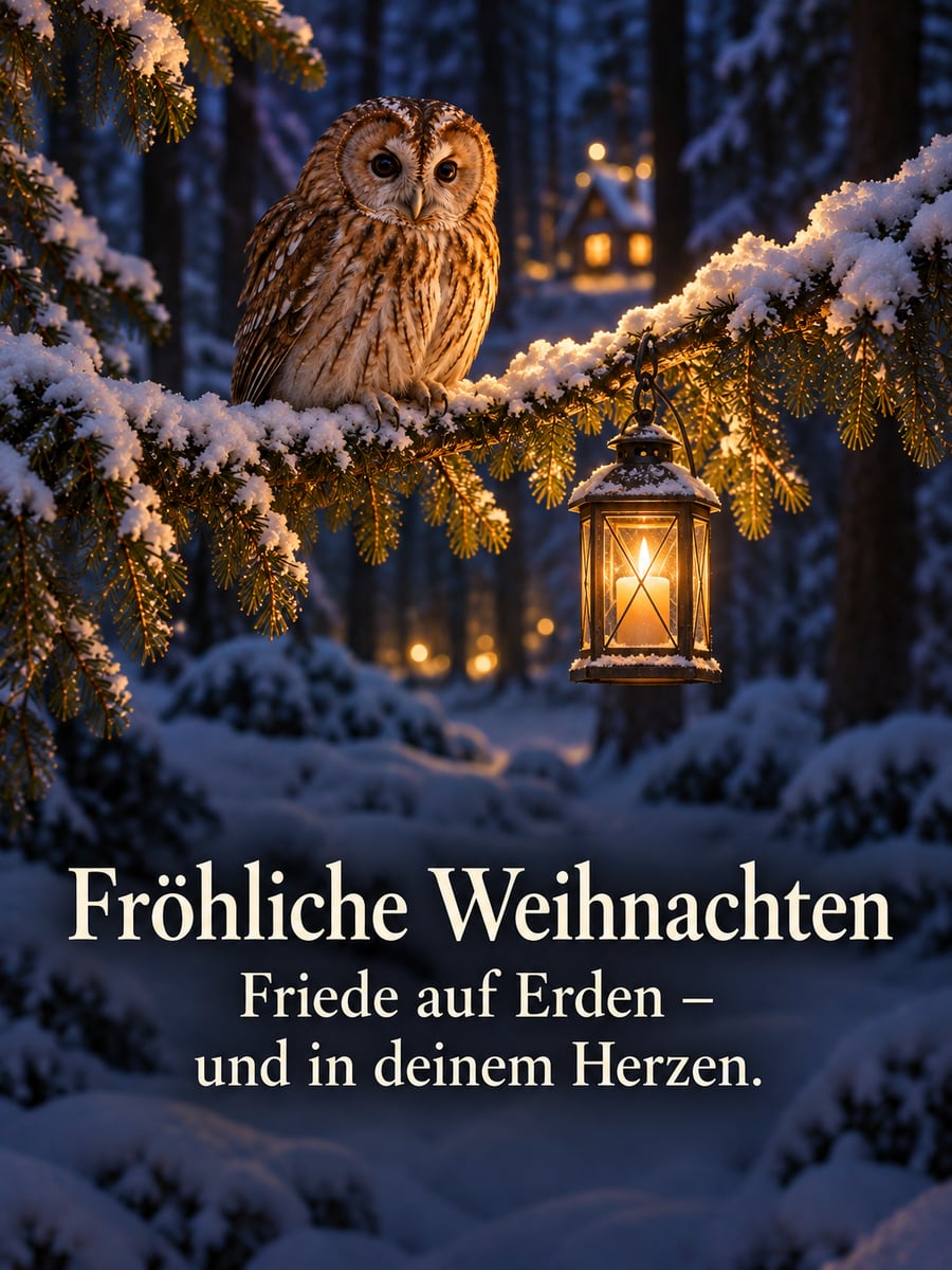 Bild zu Weihnachten mit dem Text „Fröhliche Weihnachten“ und „Friede auf Erden – und in deinem Herzen.“ – Motiv: Eule, Waldkauz, Laterne, Winterwald
