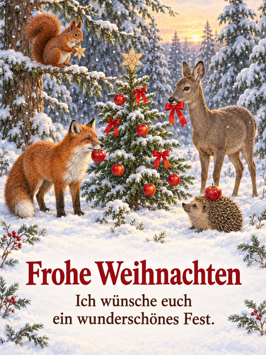 Bild zu Weihnachten mit dem Text „Frohe Weihnachten“ und „Ich wünsche euch ein wunderschönes Fest.“ – Motiv: Fuchs, Reh, Eichhörnchen, Igel, Tannenbaum