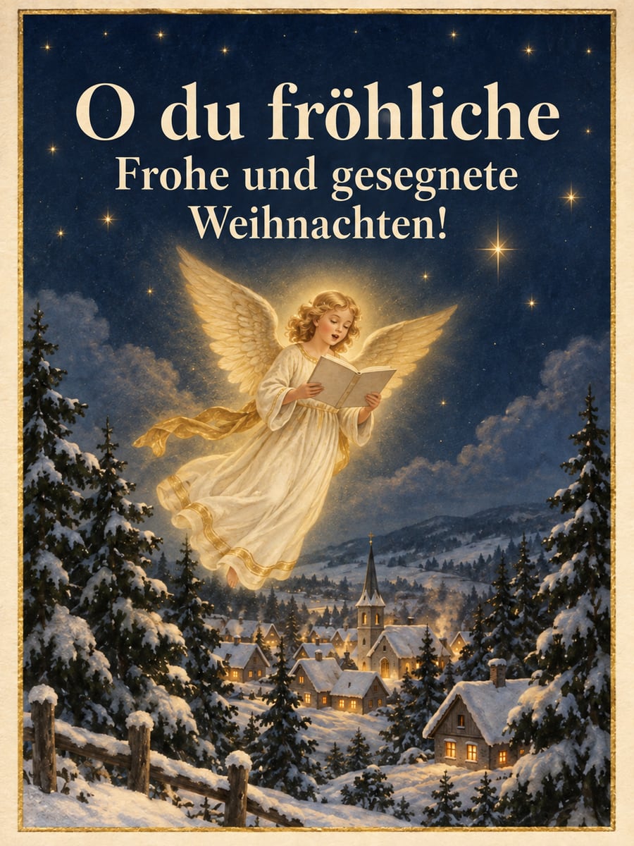 Bild zu Weihnachten mit dem Text „O du fröhliche“ und „Frohe und gesegnete Weihnachten!“ – Motiv: Engel, Weihnachtsengel, Sterne, Dorf, Schnee