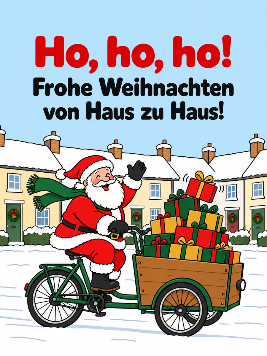 Bild zu Weihnachten mit dem Text „Ho, ho, ho!“ und „Frohe Weihnachten von Haus zu Haus!“ – Motiv: Weihnachtsmann, Lastenrad, Geschenke, Reihenhäuser