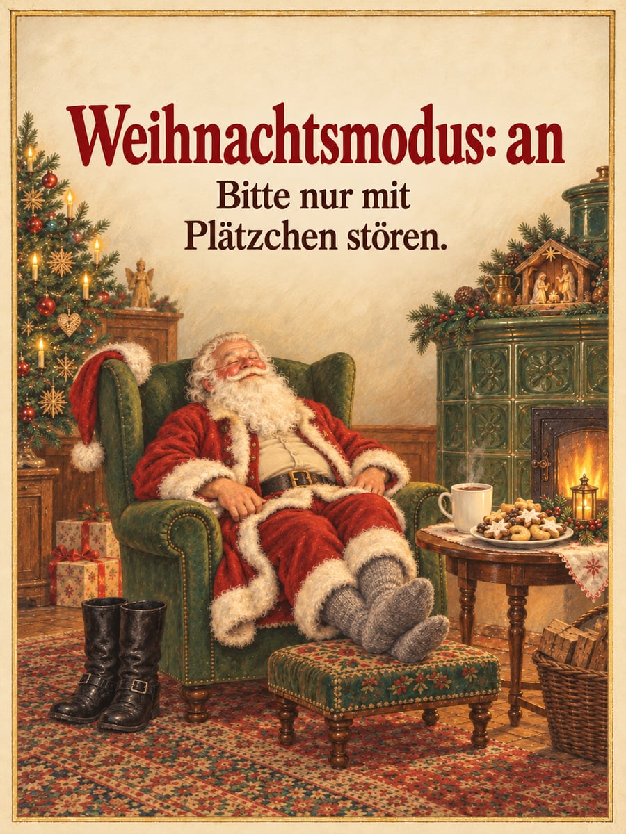 Bild zu Weihnachten mit dem Text „Weihnachtsmodus: an“ und „Bitte nur mit Plätzchen stören.“ – Motiv: Weihnachtsmann, Ohrensessel, Kachelofen, Kakao, Plätzchen