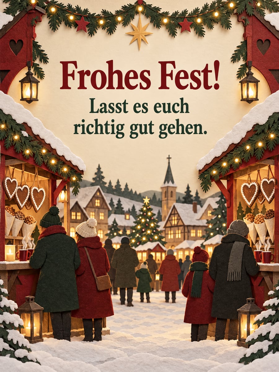 Bild zu Weihnachten mit dem Text „Frohes Fest!“ und „Lasst es euch richtig gut gehen.“ – Motiv: Weihnachtsmarkt, Lebkuchenherzen, Gebrannte Mandeln, Kinderpunsch, Scherenschnitt