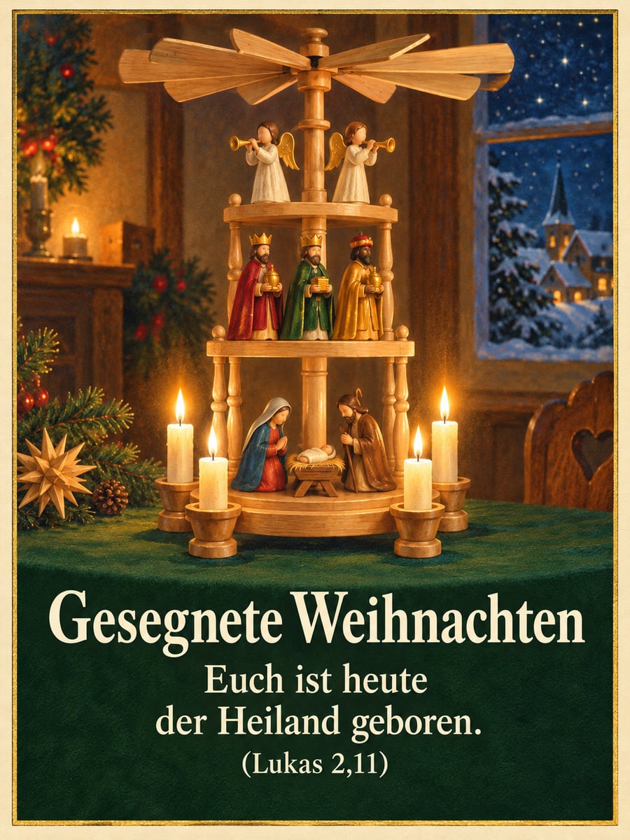 Bild zu Weihnachten mit dem Text „Gesegnete Weihnachten“ und „Euch ist heute der Heiland geboren. (Lukas 2,11)“ – Motiv: Weihnachtspyramide, Erzgebirge, Krippenfiguren, Engel, Kerzen