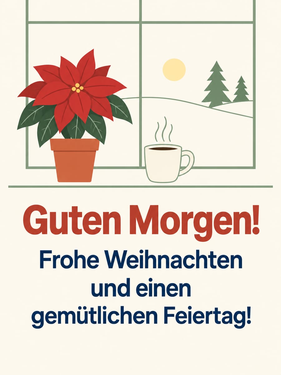 Bild zu Weihnachten mit dem Text „Guten Morgen!“ und „Frohe Weihnachten und einen gemütlichen Feiertag!“ – Motiv: Weihnachtsstern, Kaffee, Fensterbank, Morgen