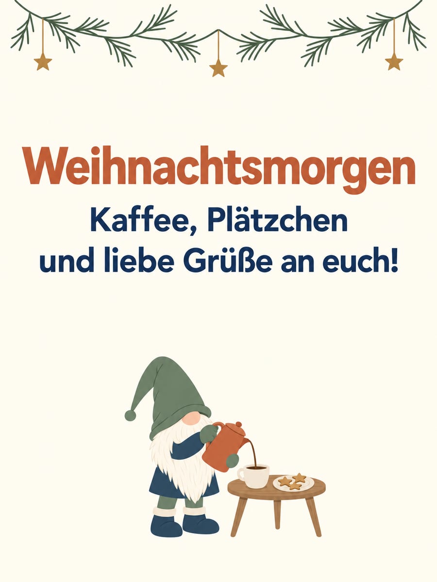 Bild zu Weihnachten mit dem Text „Weihnachtsmorgen“ und „Kaffee, Plätzchen und liebe Grüße an euch!“ – Motiv: Wichtel, Kaffee, Plätzchen, Weihnachtsmorgen