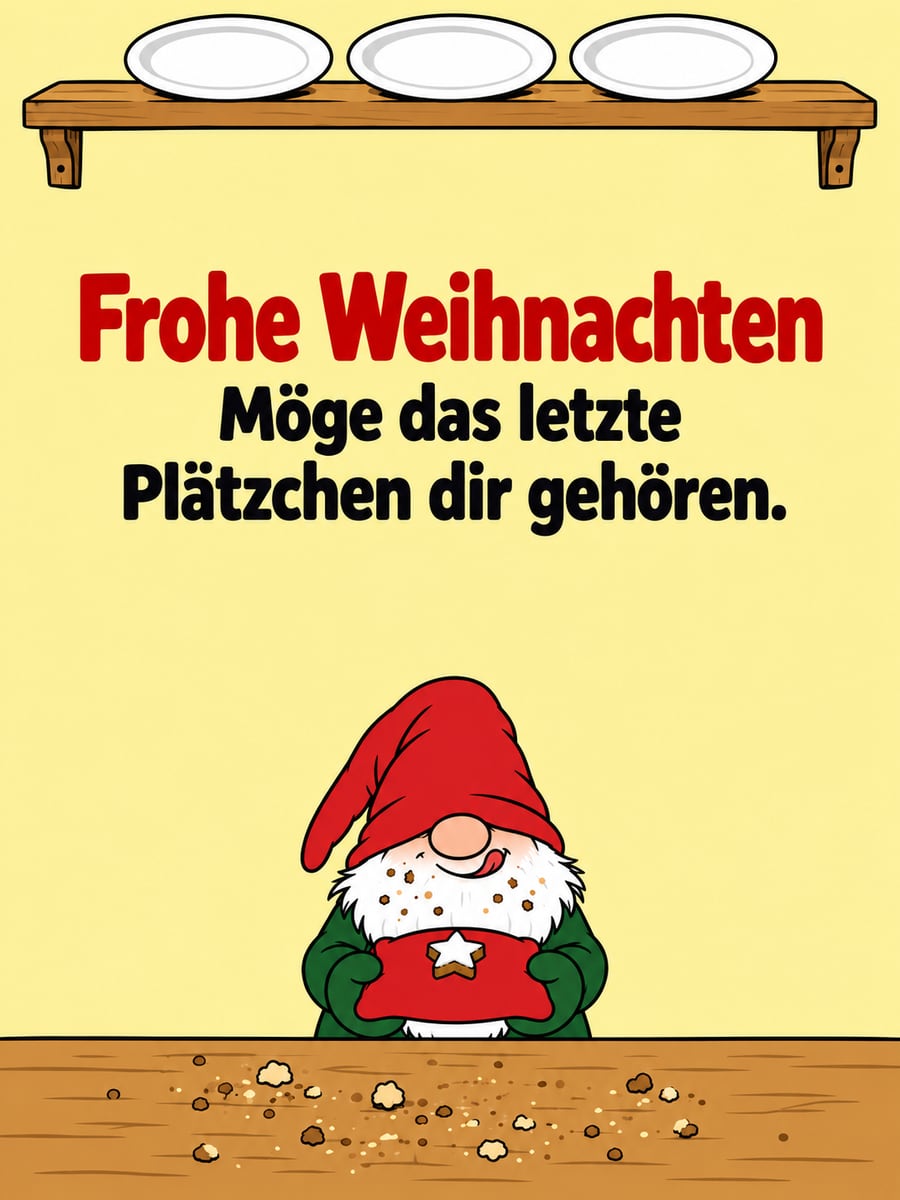 Bild zu Weihnachten mit dem Text „Frohe Weihnachten“ und „Möge das letzte Plätzchen dir gehören.“ – Motiv: Wichtel, Zimtstern, Plätzchen, Krümel
