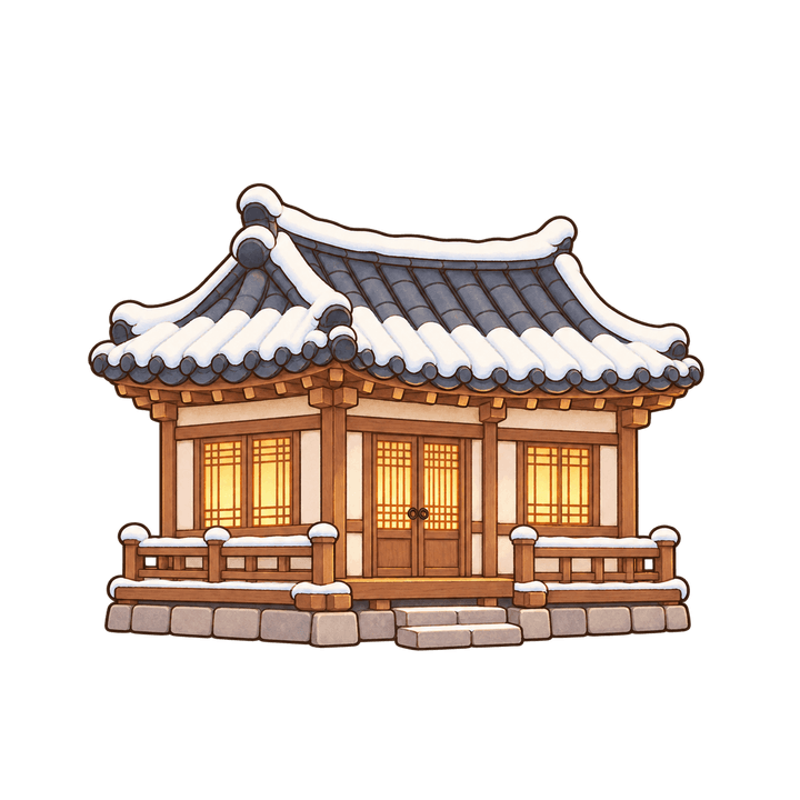 불 켜진 눈 쌓인 한옥 크리스마스 일러스트 (투명 PNG)