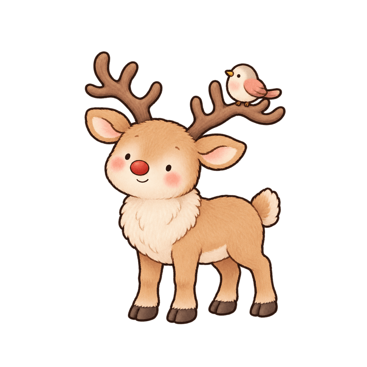 새가 앉은 순록 크리스마스 일러스트 (투명 PNG)