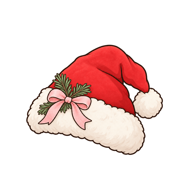 솔가지와 분홍 리본 산타 모자 크리스마스 일러스트 (투명 PNG)