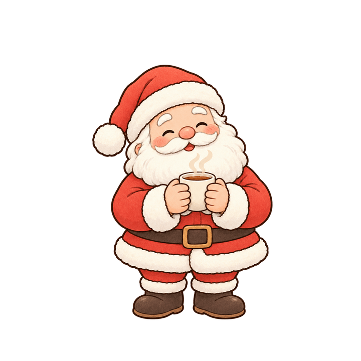 따뜻한 음료를 든 산타 크리스마스 일러스트 (투명 PNG)