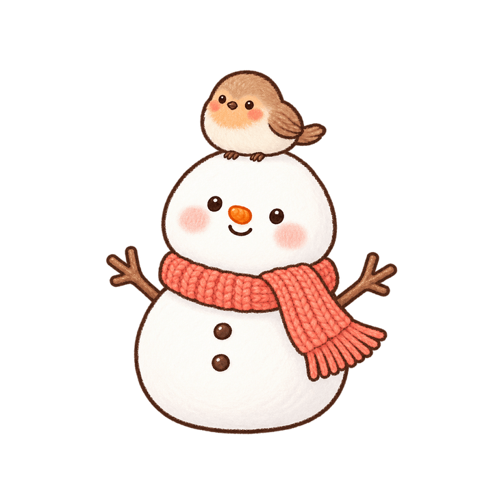 머리에 새가 앉은 눈사람 크리스마스 일러스트 (투명 PNG)