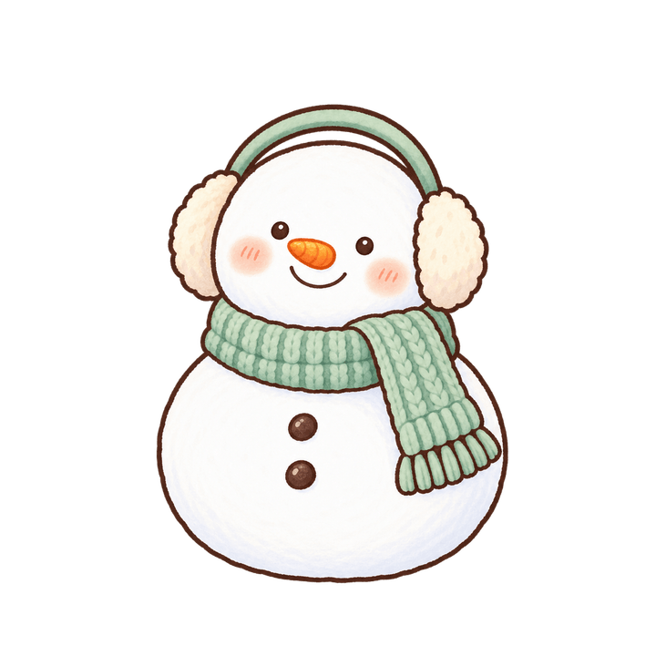 귀마개와 민트 목도리를 한 눈사람 크리스마스 일러스트 (투명 PNG)