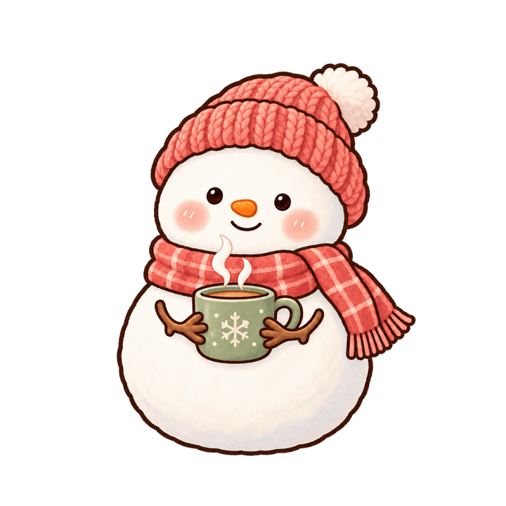 털모자 쓰고 머그잔을 든 눈사람 크리스마스 일러스트 (투명 PNG)