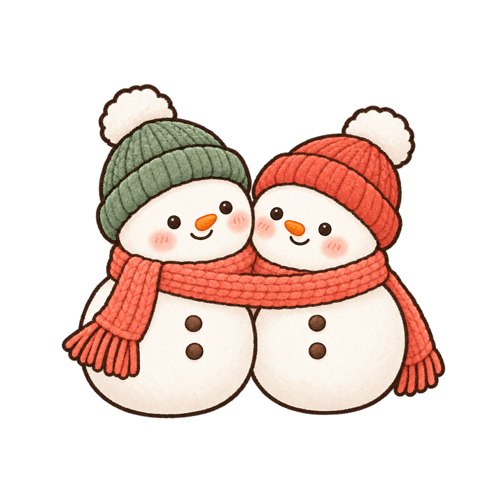 긴 목도리를 함께 두른 눈사람 둘 크리스마스 일러스트 (투명 PNG)