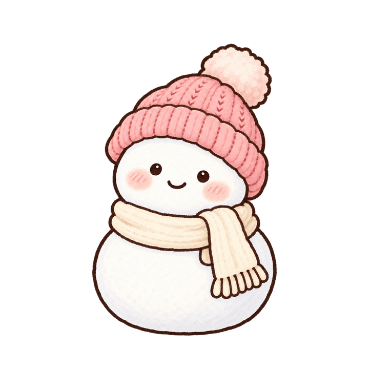 분홍 털모자를 쓴 눈사람 크리스마스 일러스트 (투명 PNG)