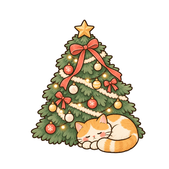크리스마스 트리 아래 잠든 고양이 크리스마스 일러스트 (투명 PNG)