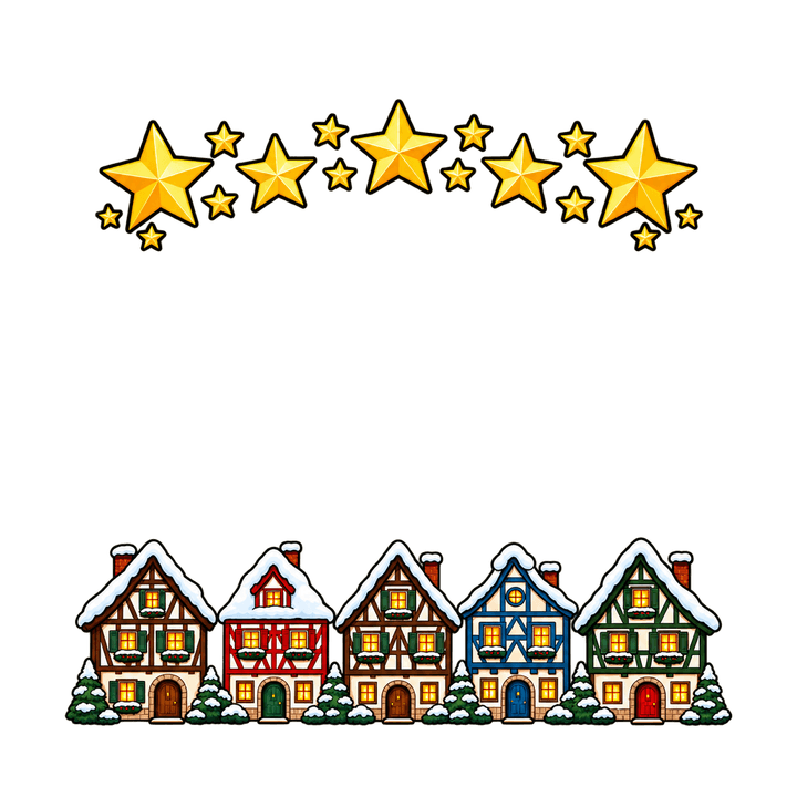 Rahmen mit Fachwerkhäusern und Sternen – Weihnachten Clipart, transparentes PNG
