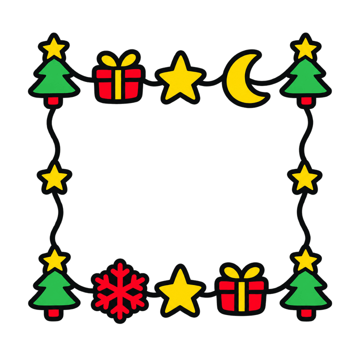 Rahmen mit Bäumen, Sternen und Geschenken – Weihnachten Clipart, transparentes PNG