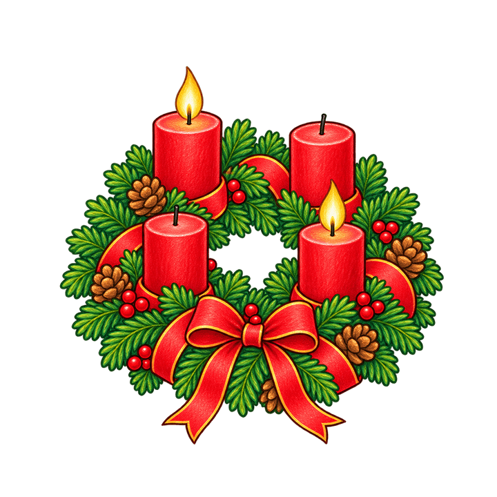 Adventskranz mit zwei brennenden Kerzen – Weihnachten Clipart, transparentes PNG