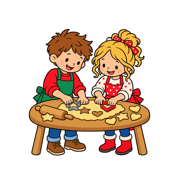 Zwei Kinder stechen Plätzchen aus – Weihnachten Clipart, transparentes PNG