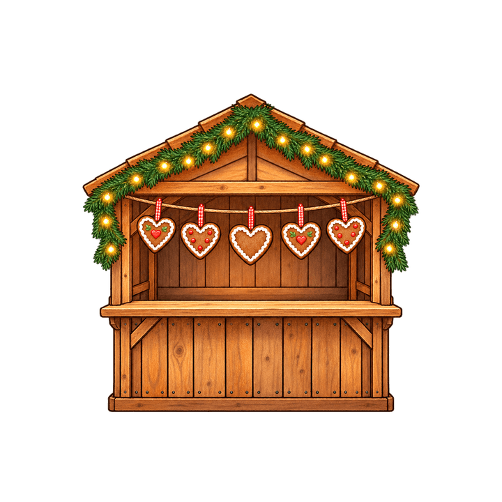 Weihnachtsmarkt-Stand mit Lebkuchenherzen – Weihnachten Clipart, transparentes PNG