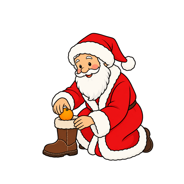 Nikolaus steckt eine Mandarine in den Stiefel – Weihnachten Clipart, transparentes PNG