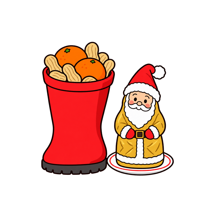 Roter Gummistiefel mit Mandarinen und Schoko-Nikolaus – Weihnachten Clipart, transparentes PNG