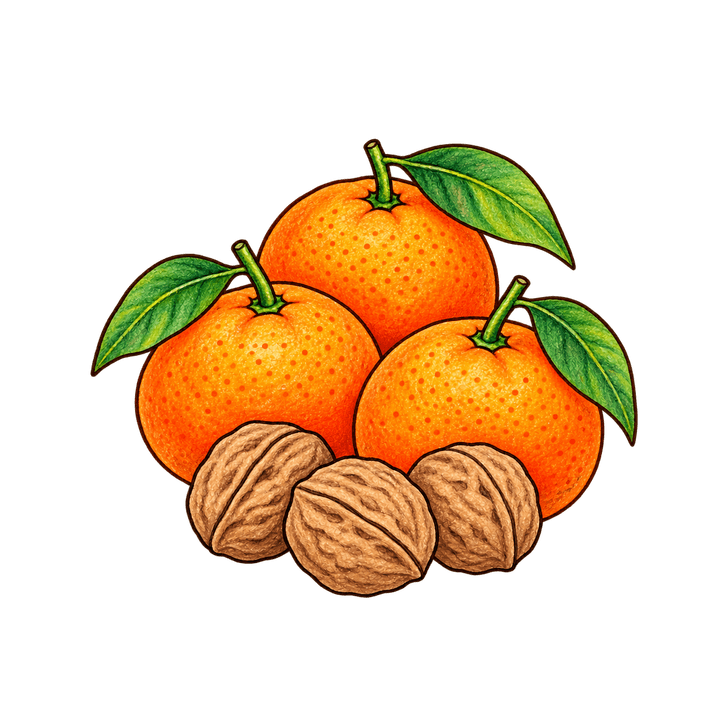 Drei Mandarinen mit Walnüssen – Weihnachten Clipart, transparentes PNG