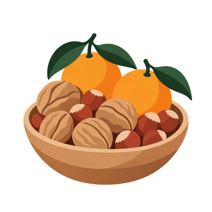 Holzschale mit Nüssen und Mandarinen – Weihnachten Clipart, transparentes PNG