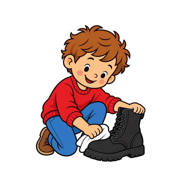 Junge putzt schwarzen Stiefel – Weihnachten Clipart, transparentes PNG