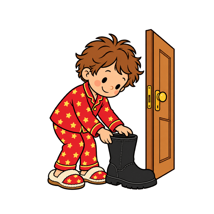 Kind stellt Stiefel vor die Tür – Weihnachten Clipart, transparentes PNG