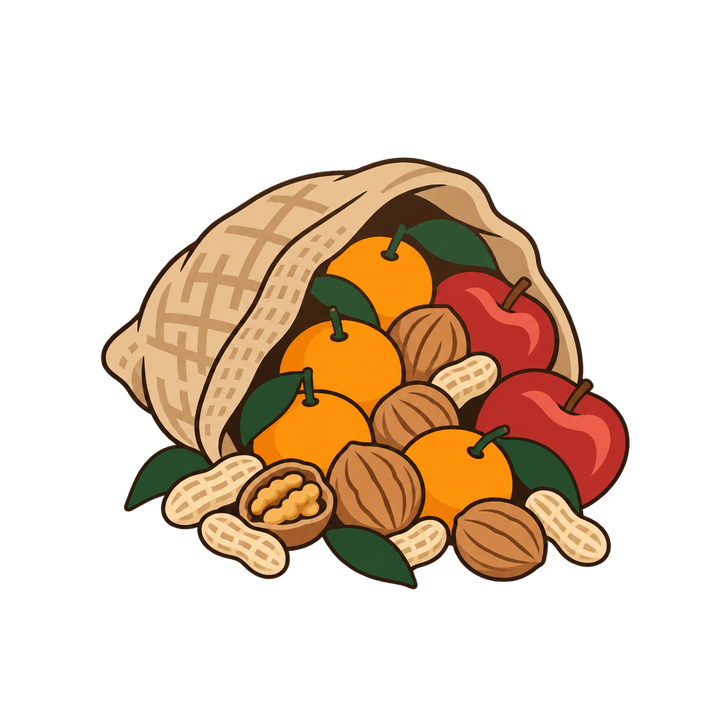 Jutesack mit Mandarinen und Nüssen – Weihnachten Clipart, transparentes PNG