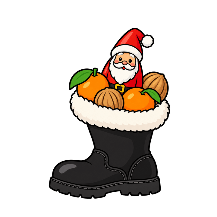 Schwarzer Stiefel mit Mandarinen und Schoko-Nikolaus – Weihnachten Clipart, transparentes PNG