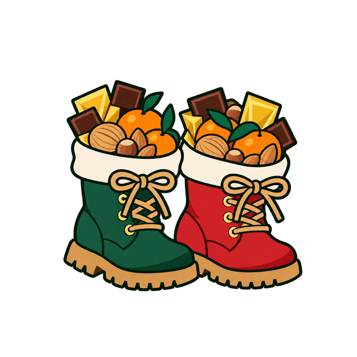 Zwei Stiefel mit Mandarinen und Schokolade – Weihnachten Clipart, transparentes PNG
