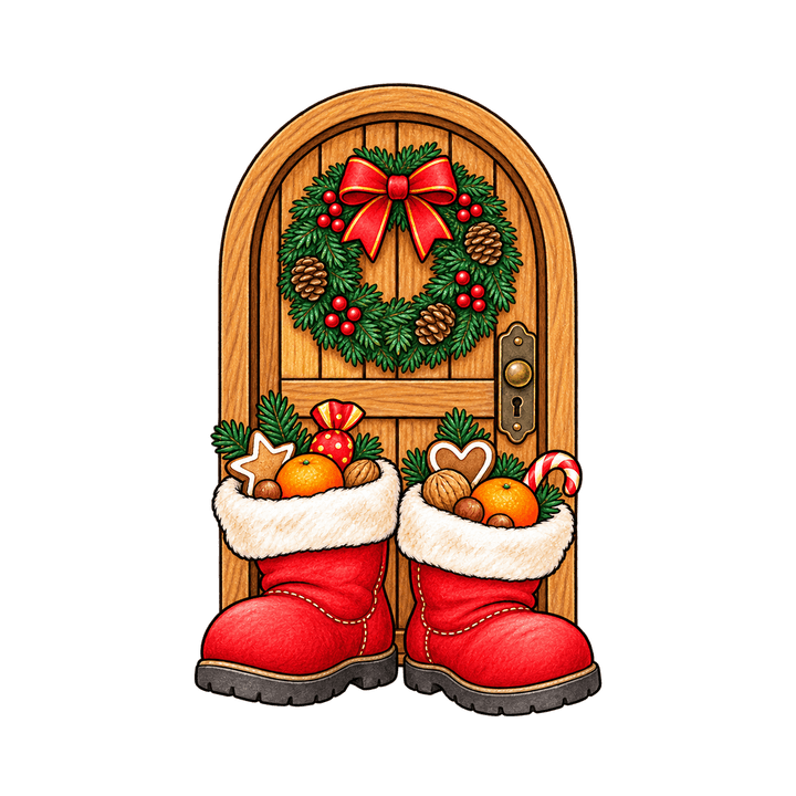 Zwei gefüllte Stiefel vor der Tür – Weihnachten Clipart, transparentes PNG