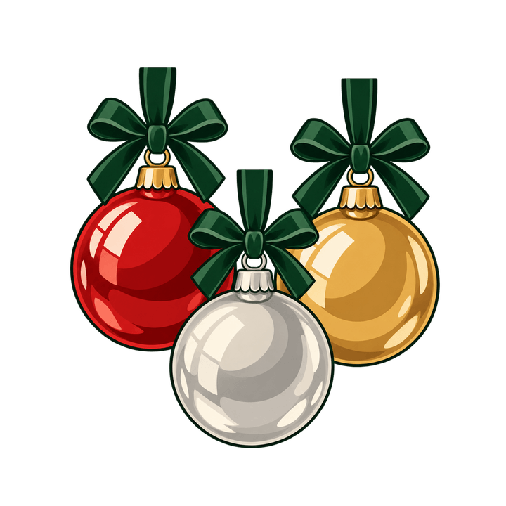 Drei Weihnachtskugeln mit grünen Schleifen – Weihnachten Clipart, transparentes PNG