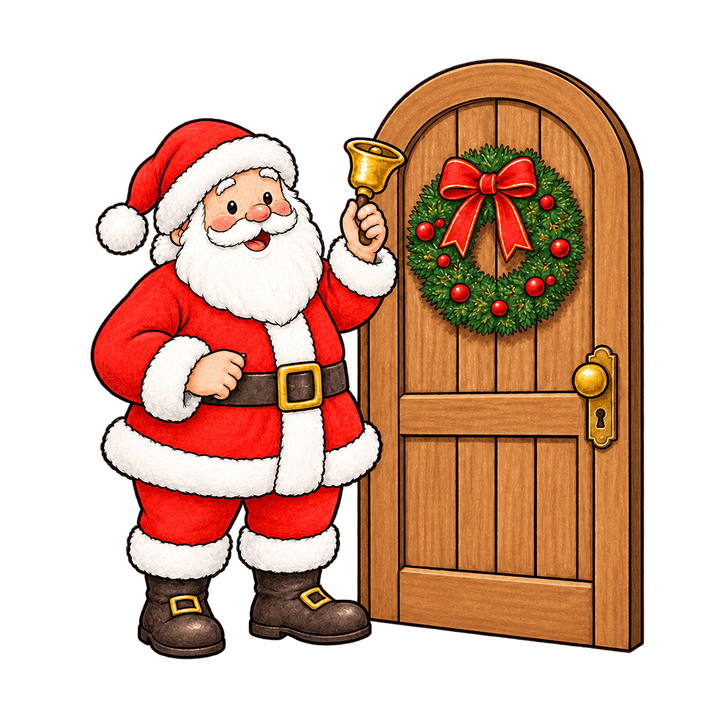 Weihnachtsmann mit Glocke an der Tür – Weihnachten Clipart, transparentes PNG