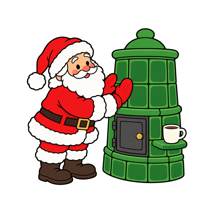 Weihnachtsmann am Kachelofen – Weihnachten Clipart, transparentes PNG