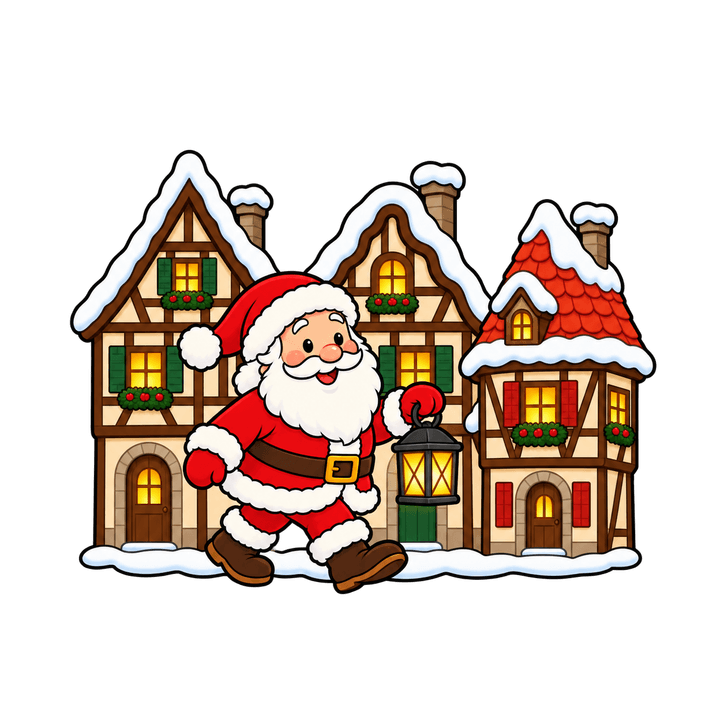 Weihnachtsmann mit Laterne vor Fachwerkhäusern – Weihnachten Clipart, transparentes PNG