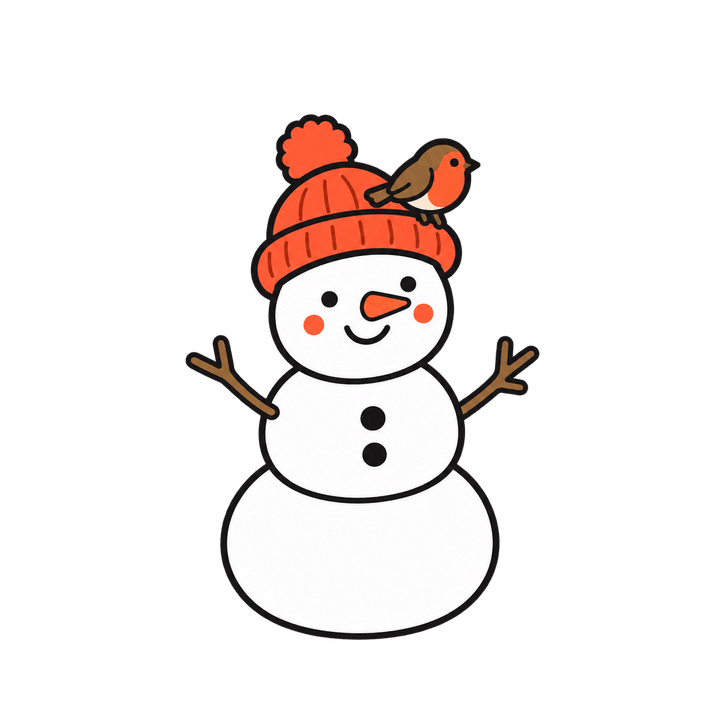 Schneemann mit Rotkehlchen auf der Mütze – Weihnachten Clipart, transparentes PNG