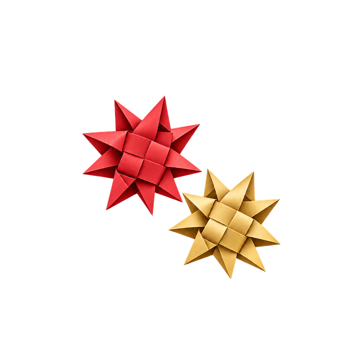 Zwei Fröbelsterne in Rot und Gold – Weihnachten Clipart, transparentes PNG