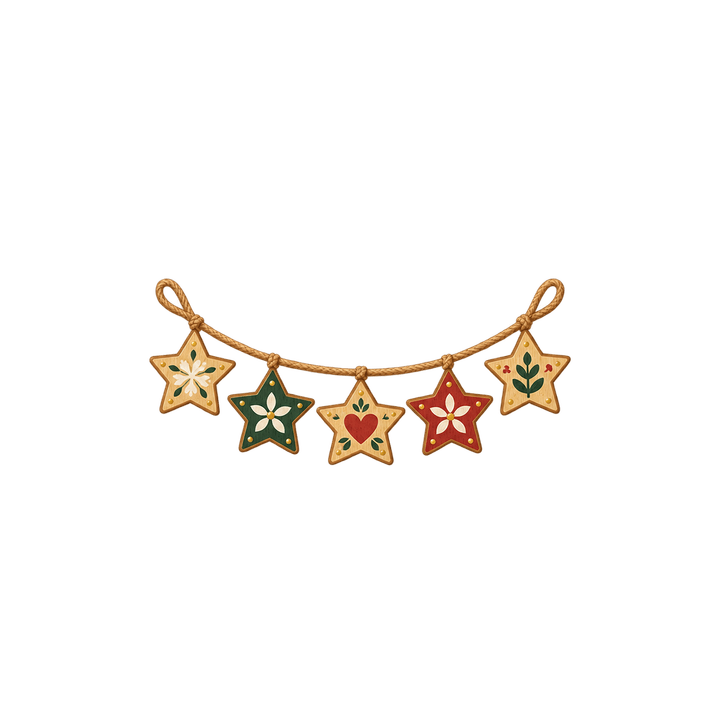 Girlande mit bemalten Holzsternen – Weihnachten Clipart, transparentes PNG