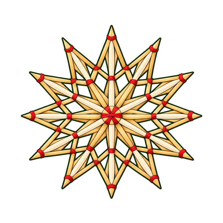 Zwölfzackiger Strohstern mit rotem Faden – Weihnachten Clipart, transparentes PNG