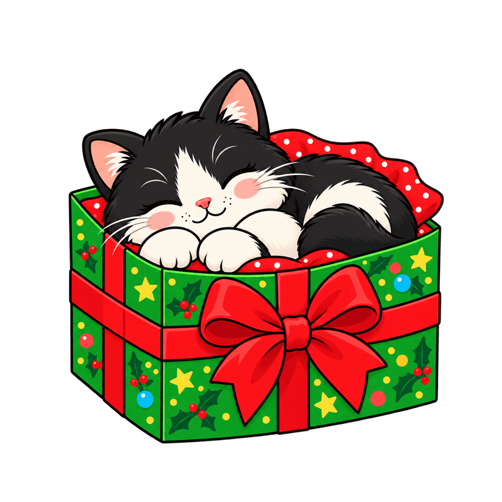 Gato na caixa de presente – Natal PNG com fundo transparente