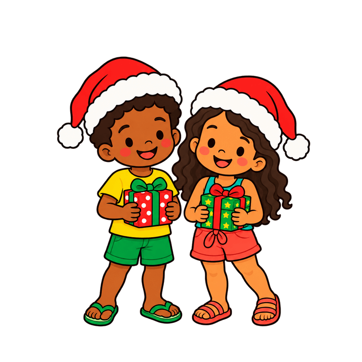 Duas crianças com presentes – Natal PNG com fundo transparente