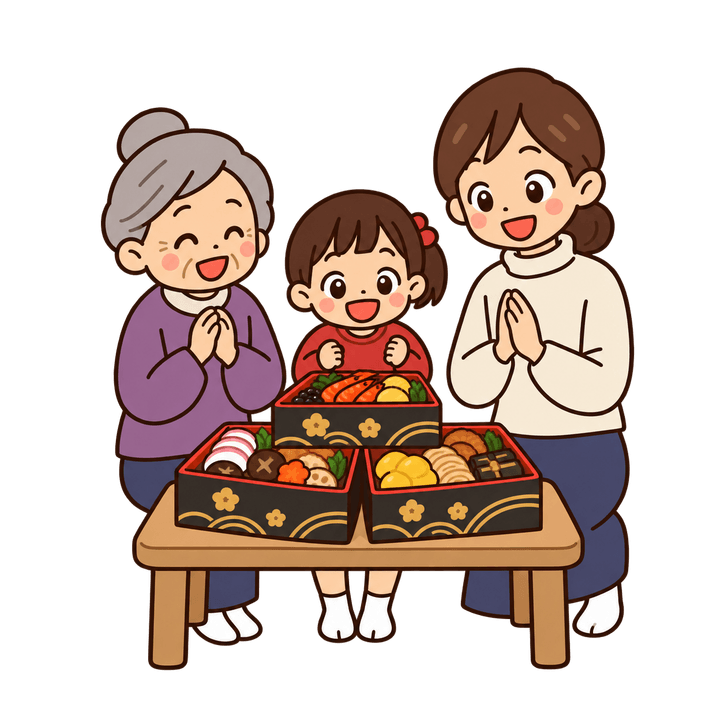 おせちを囲む家族のイラスト（お正月・透過PNG）